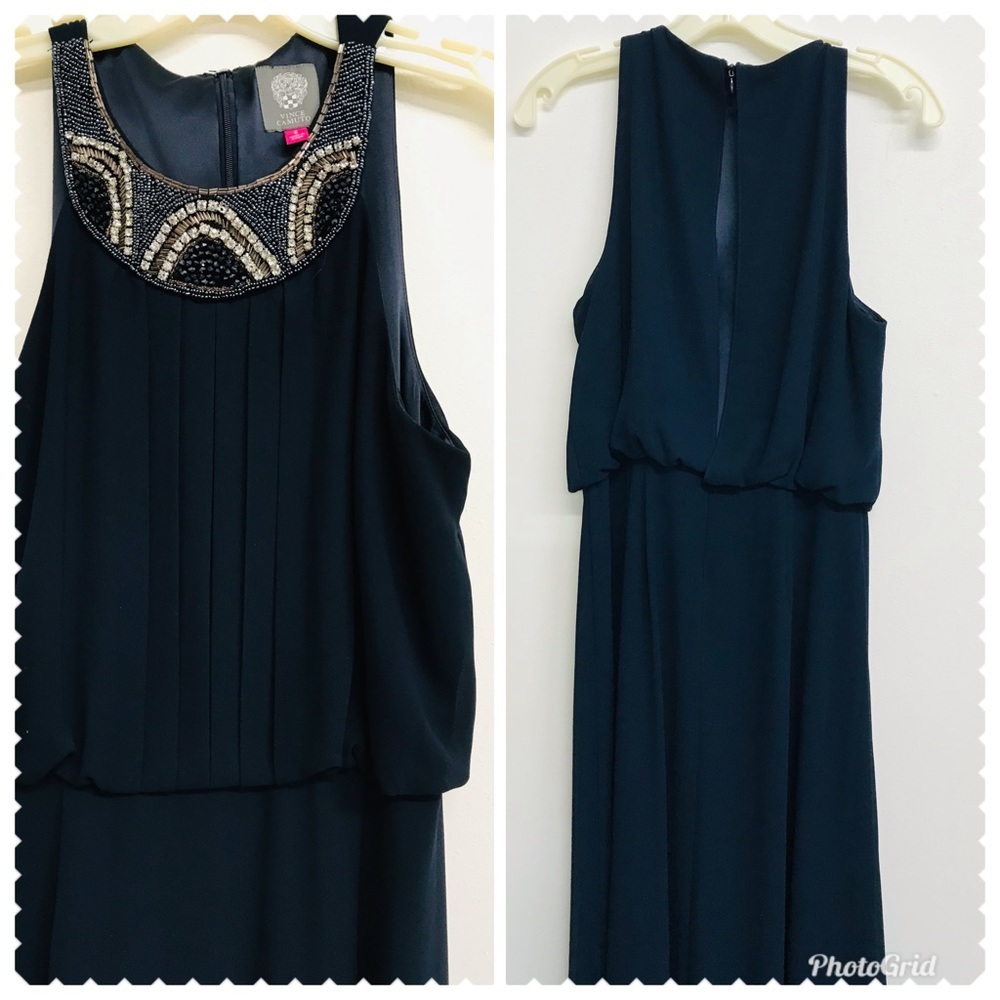 Vince Camuto Long Navy Dress with Beaded Neckline Sz 6